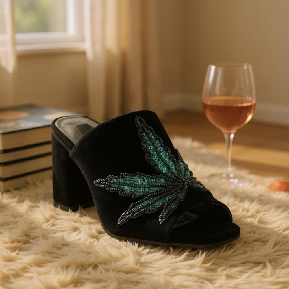 Iron Fist ✦ Mary Jane Black Velvet Block Heel Mules ✦ Green Sequin Leaf 8 NWT